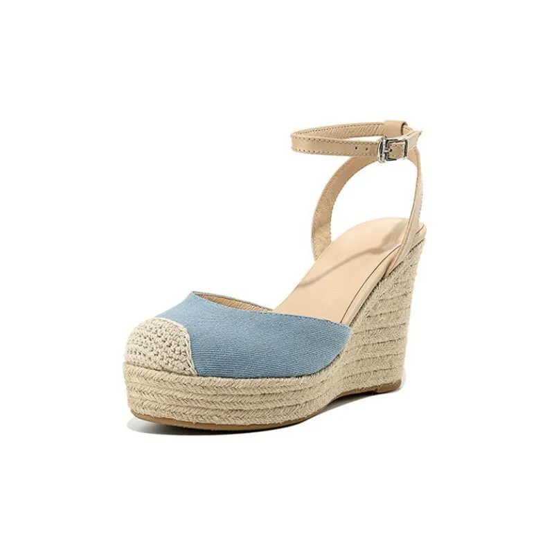 10mm Slingback Espadrille-Wedge Leather Sandals Ankle Strap in Apricot/Blue