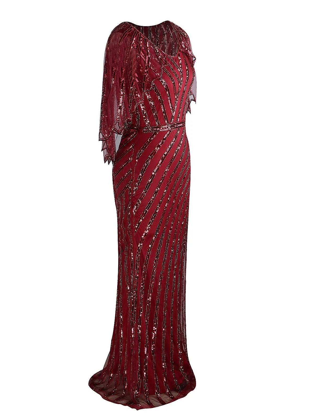 1920s Mesh Sequined Cape Maxi Dress