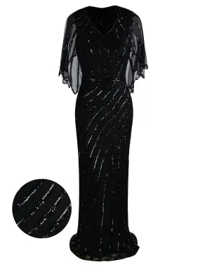 1920s Mesh Sequined Cape Maxi Dress