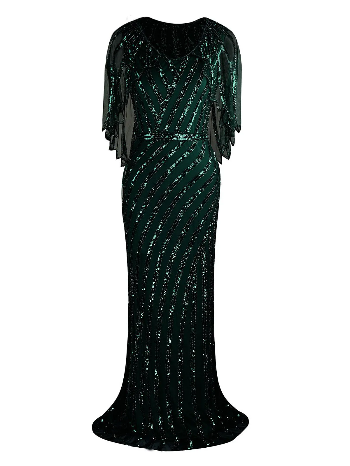 1920s Mesh Sequined Cape Maxi Dress