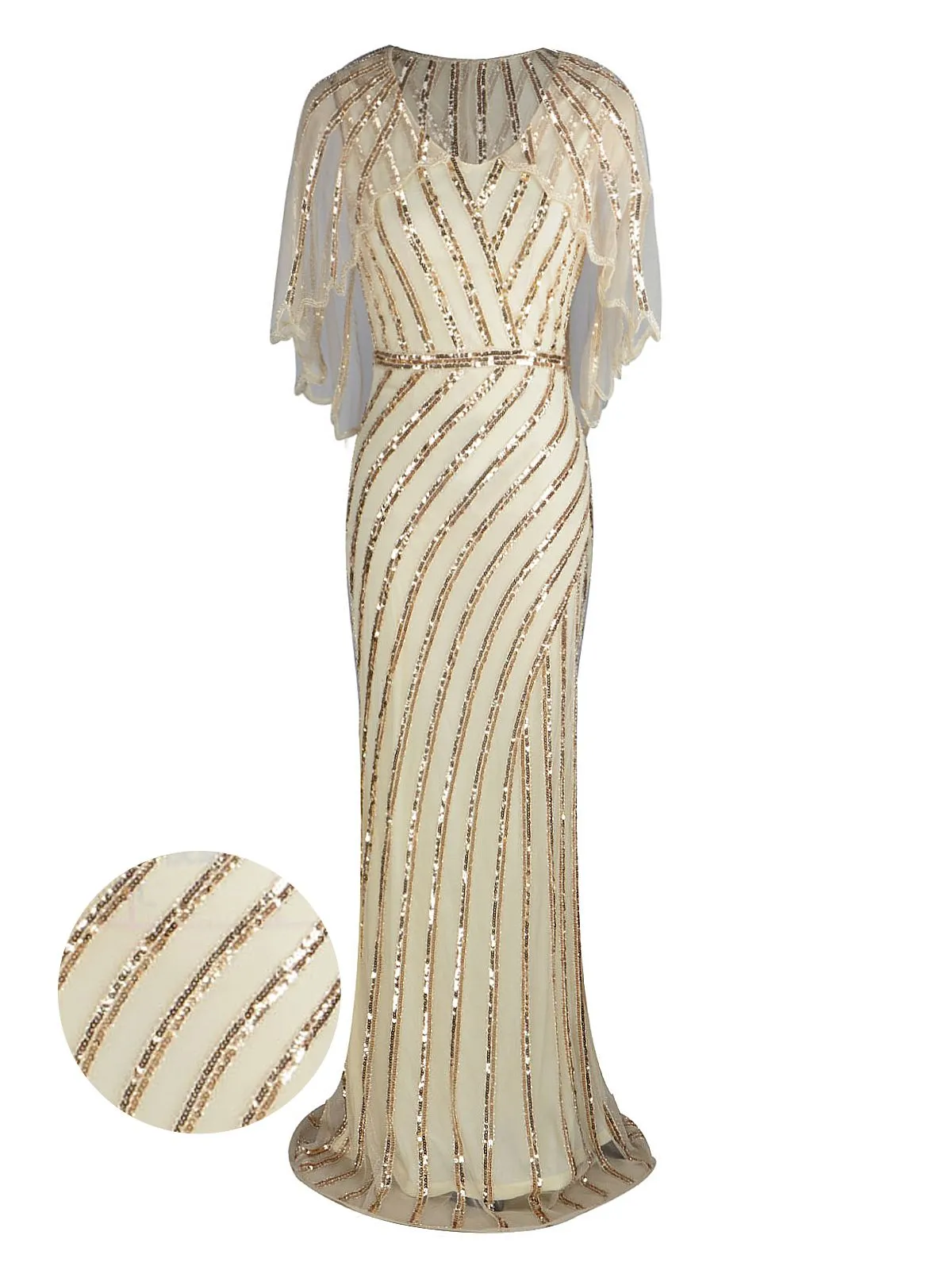 1920s Mesh Sequined Cape Maxi Dress