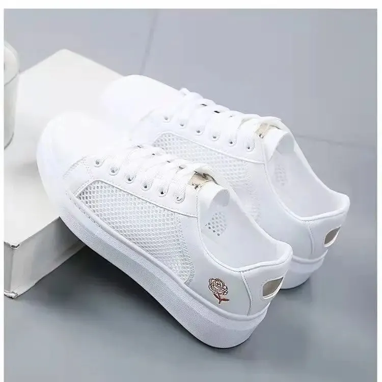 2024 Women Casual Shoes New Spring  White Sneakers Breathable Flower Lace-Up Women Sneakers Women Shoes Fashion Embroidered