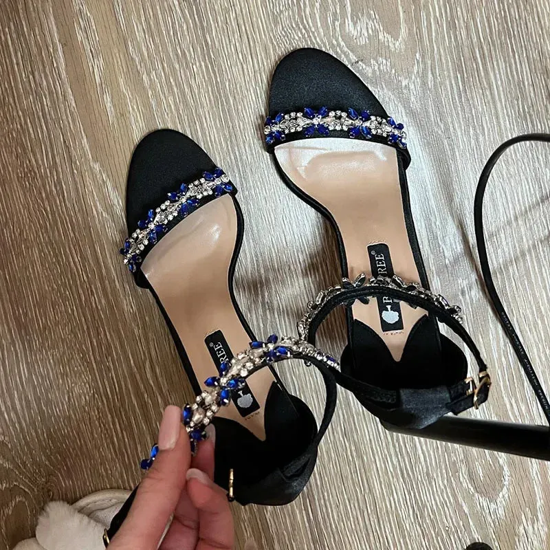 Aiertu Women Fetish 9cm High Heels Crystal Designer Sandals Lady Silk Wedding Bridal Heels Glitter Rhinestone Flower Satin Strap Shoes