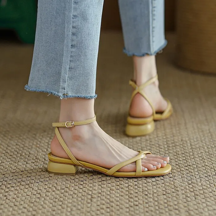 Amozae Summer Women Sandals Square Toe Chunky Square Heel Buckle Strap Open Toe Females Slippers Fashion Elegant Cozy Footwear