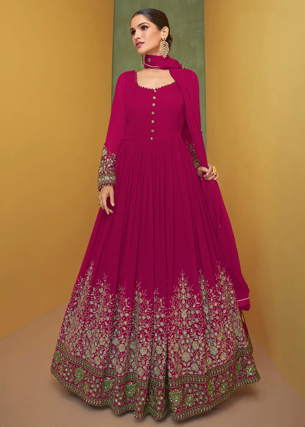 Appealing Hot Pink Wedding Embroidered Bridal Anarkali Gown