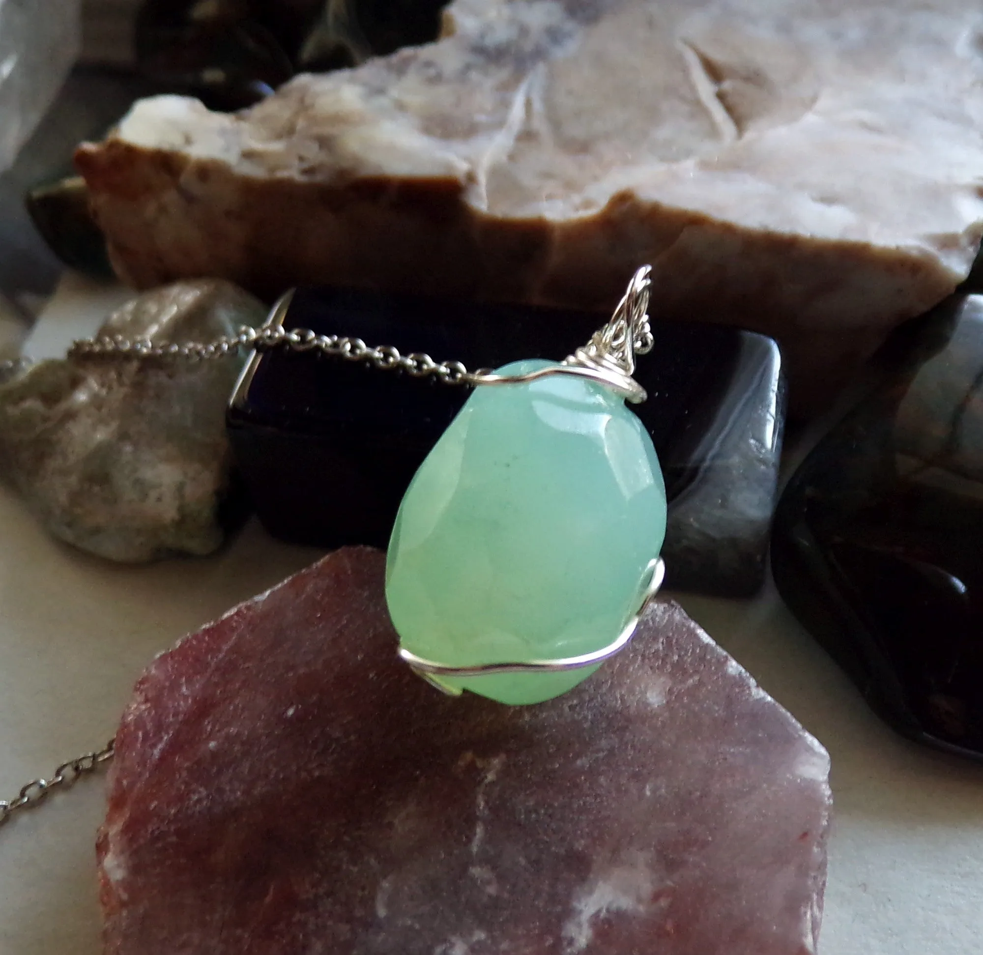 Aqua Chalcedony Gemstone Crystal Wire Wrapped Pendant Necklace