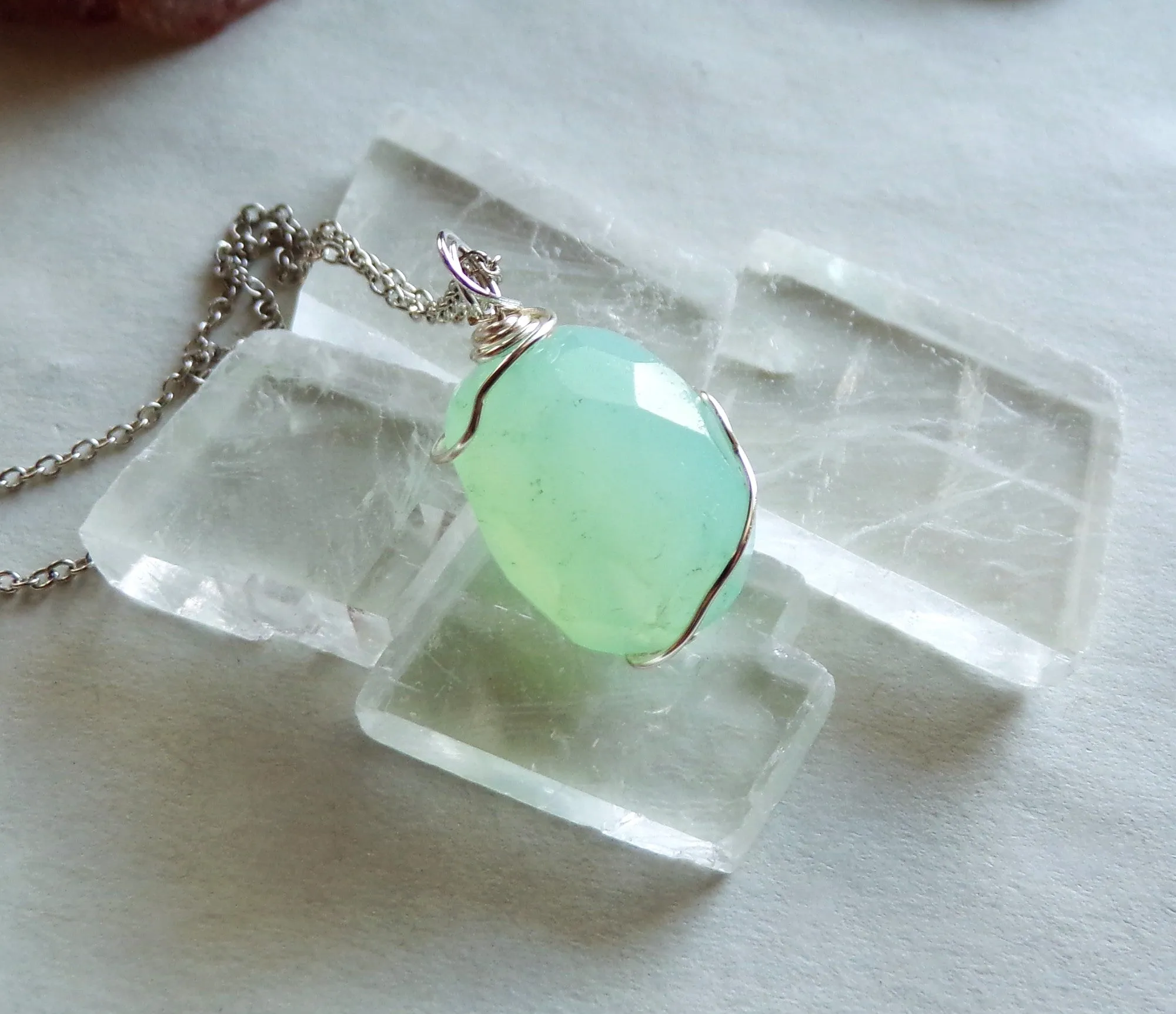 Aqua Chalcedony Gemstone Crystal Wire Wrapped Pendant Necklace