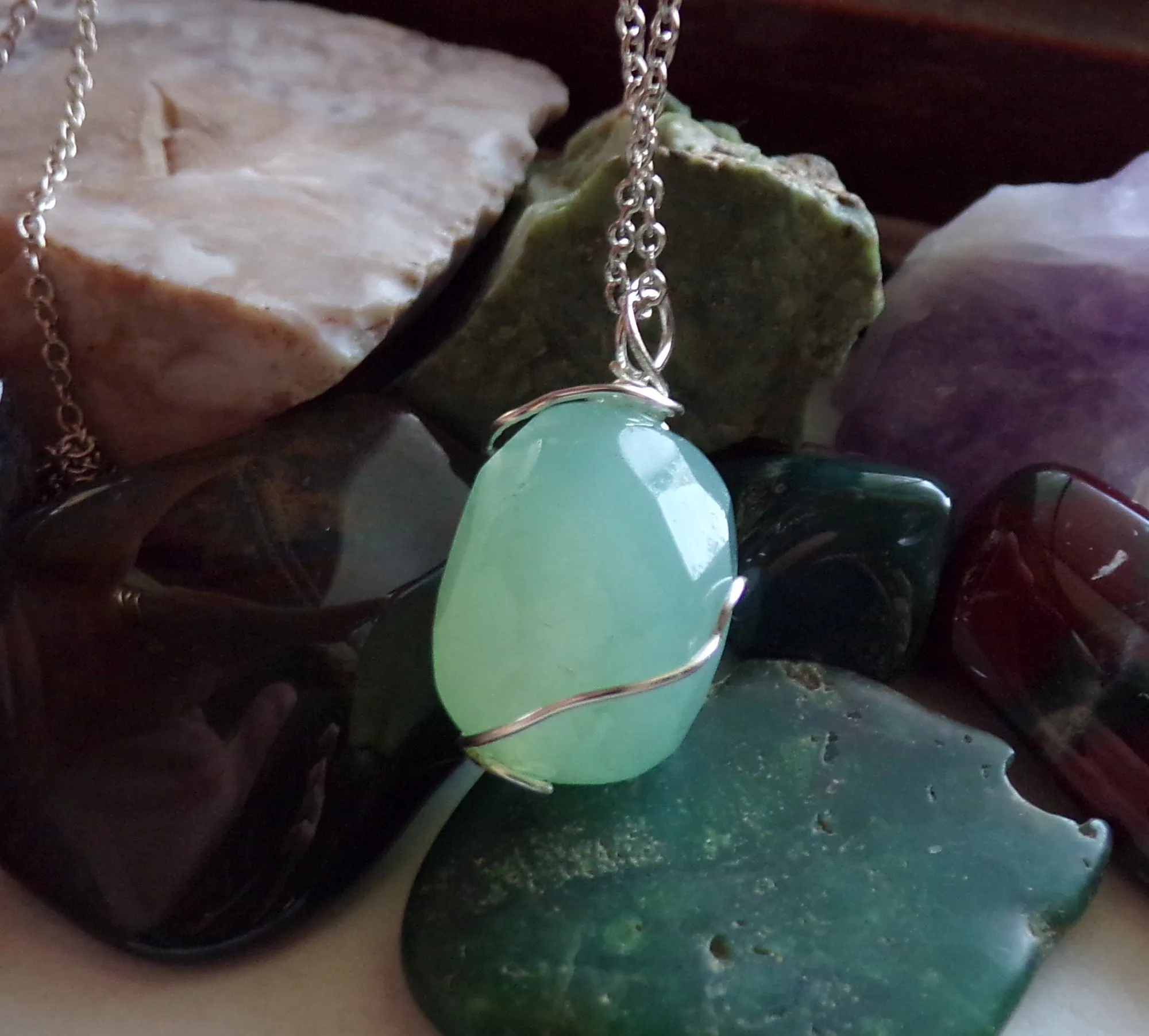 Aqua Chalcedony Gemstone Crystal Wire Wrapped Pendant Necklace