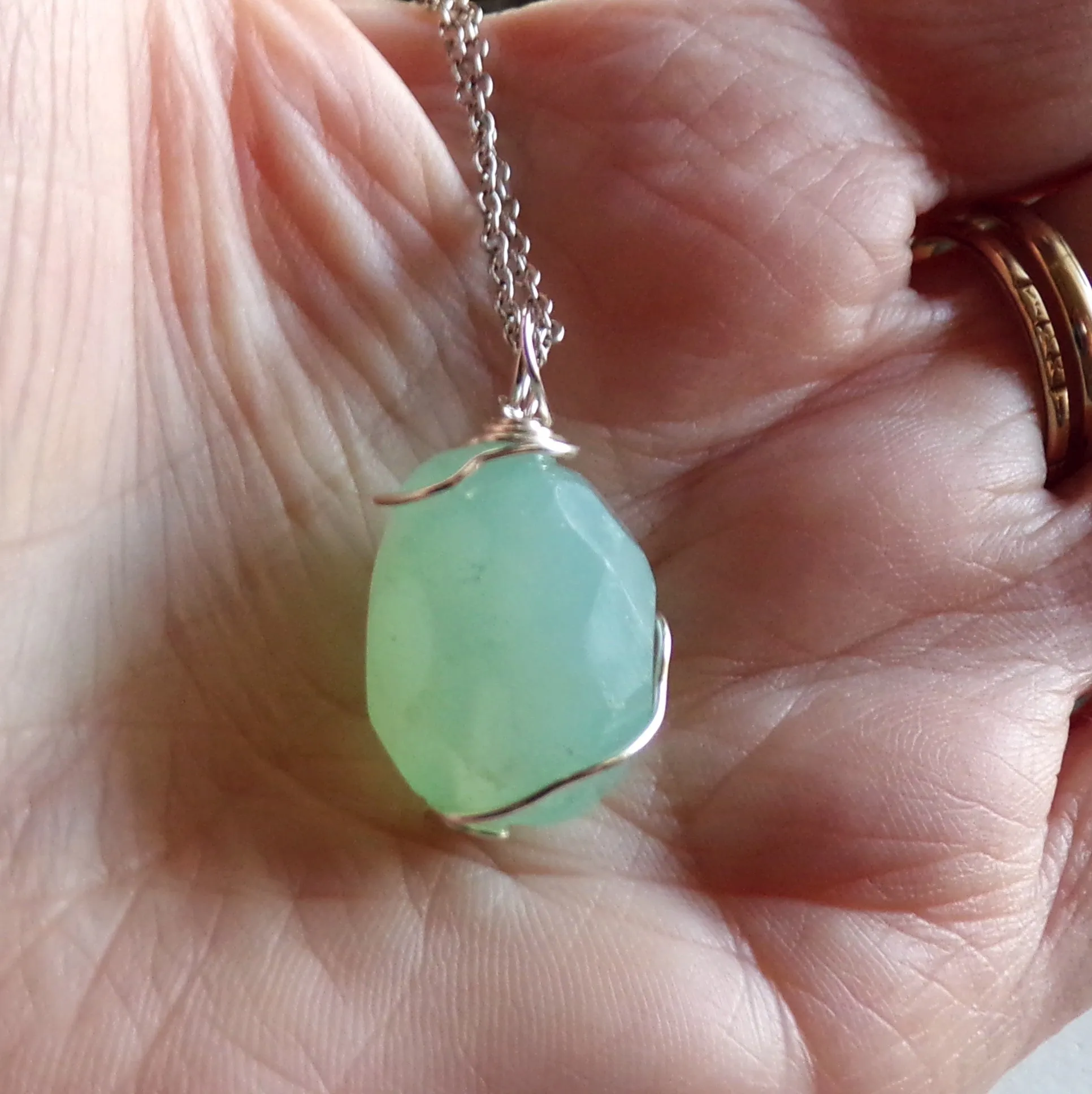 Aqua Chalcedony Gemstone Crystal Wire Wrapped Pendant Necklace