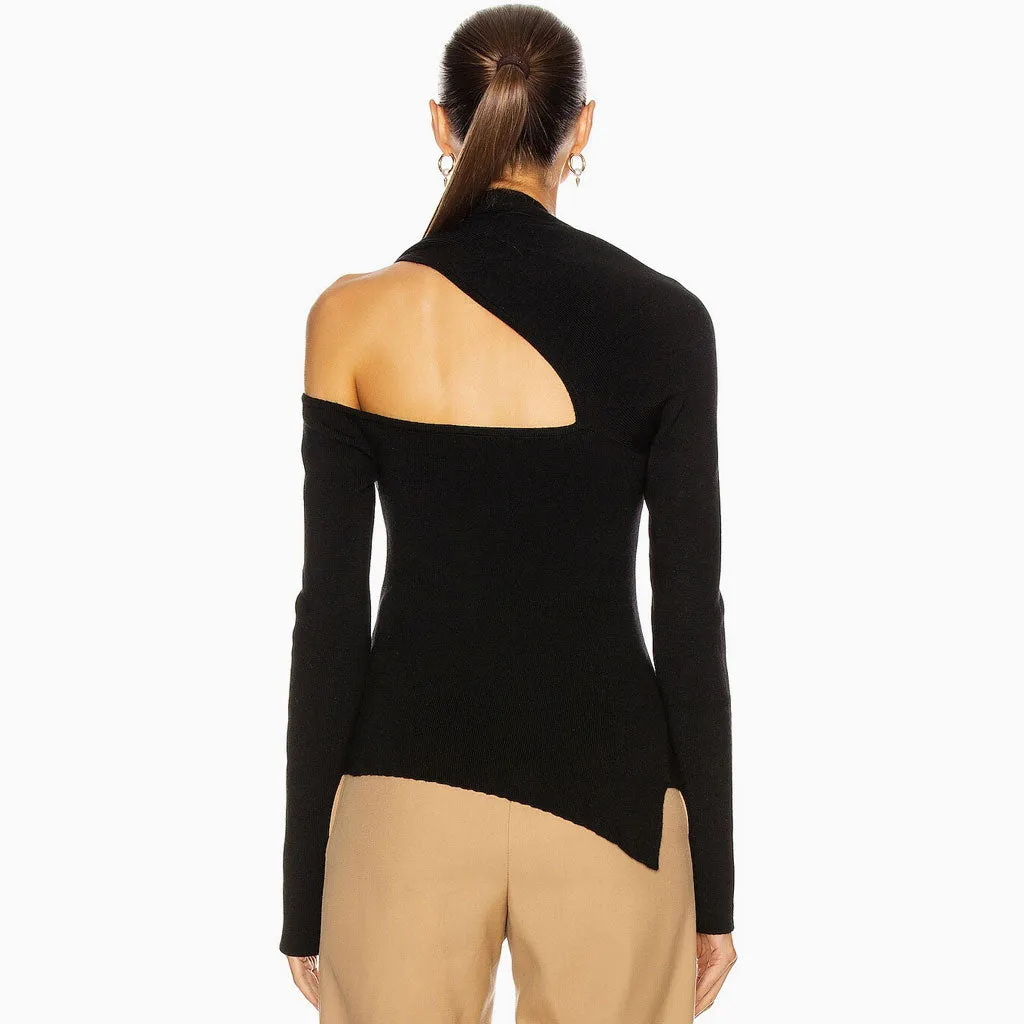 Asymmetric Long Sleeve CutOut French Knit Pullover Top - Black