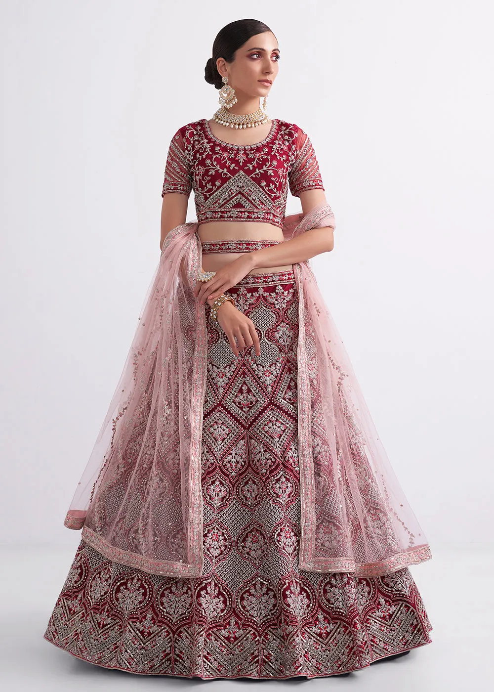 Attractive Cherry Red Heavy Embroidered Bridal Lehenga Choli