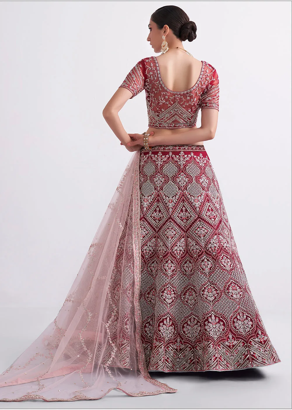 Attractive Cherry Red Heavy Embroidered Bridal Lehenga Choli