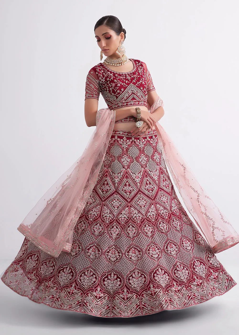 Attractive Cherry Red Heavy Embroidered Bridal Lehenga Choli