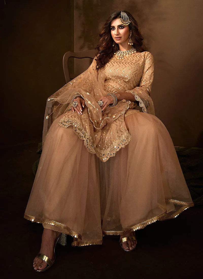 Beige Traditional Embroidered Gharara Suit