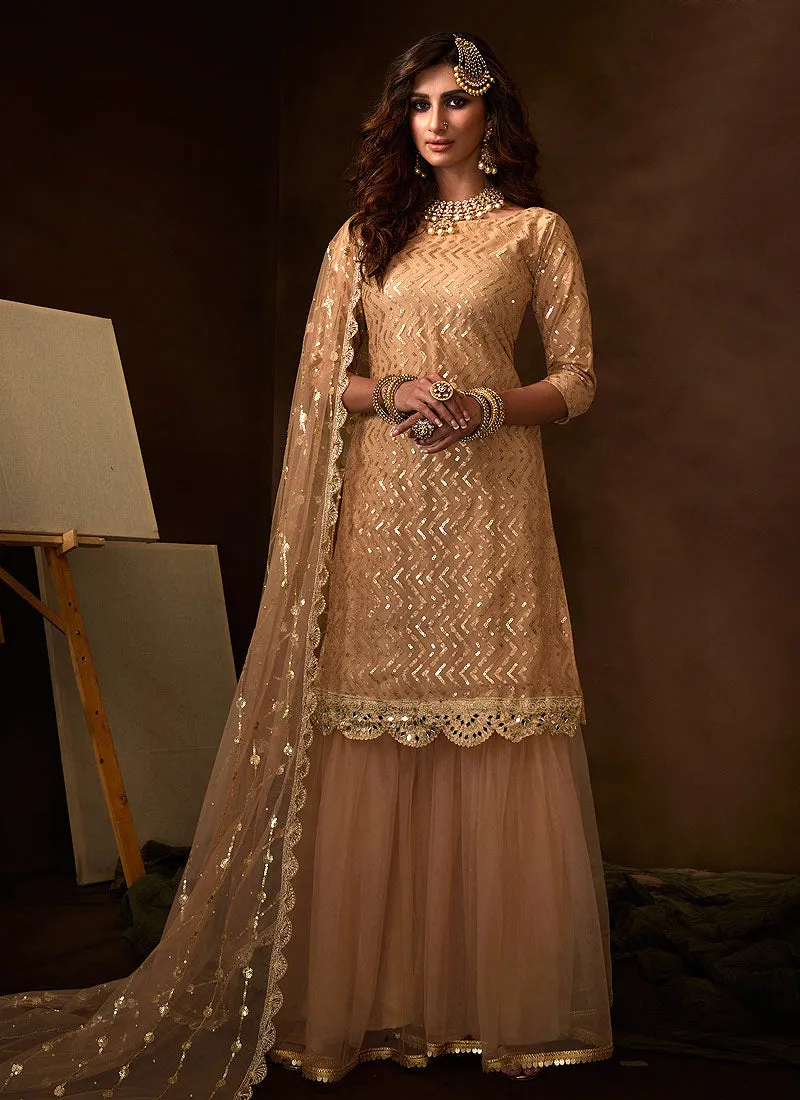 Beige Traditional Embroidered Gharara Suit