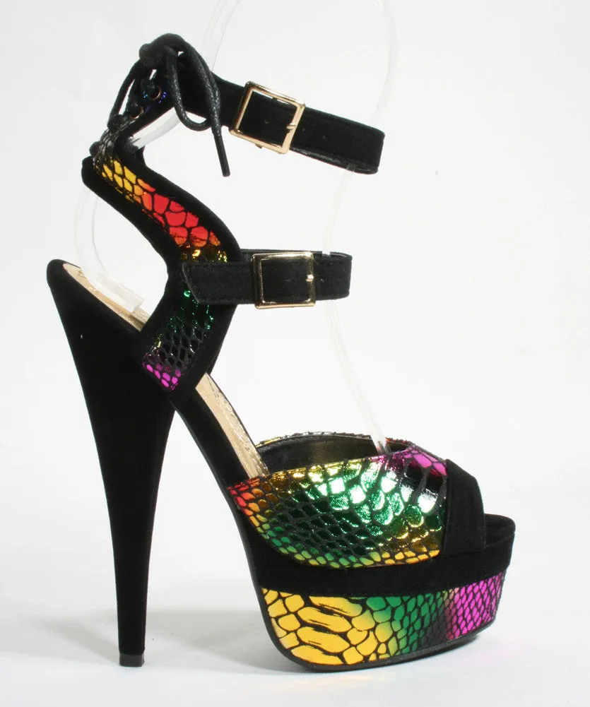 Black Multi Foil Snake Texture Faux Suede Double Buckle Platform Heels