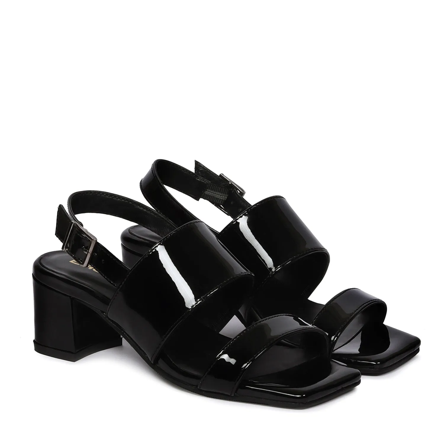 Black Patent Leather Block Heel Dual Strap Buckle Ladies Sandals by Brune & Bareskin