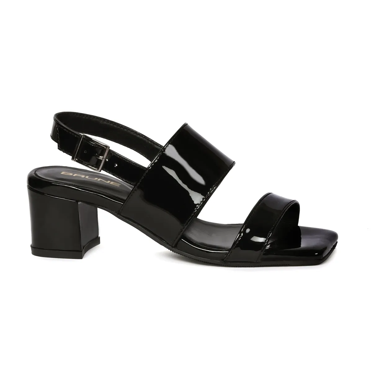 Black Patent Leather Block Heel Dual Strap Buckle Ladies Sandals by Brune & Bareskin