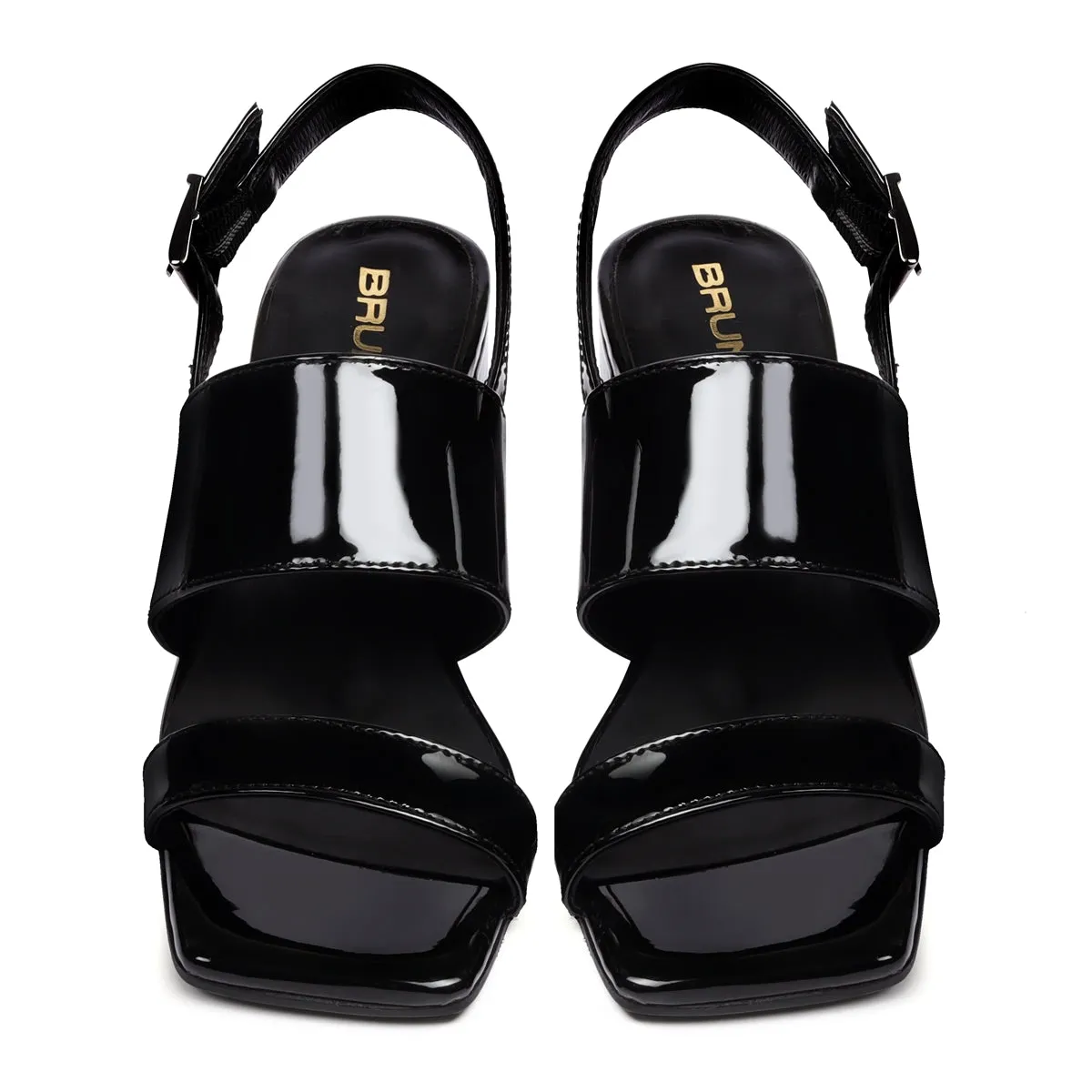 Black Patent Leather Block Heel Dual Strap Buckle Ladies Sandals by Brune & Bareskin