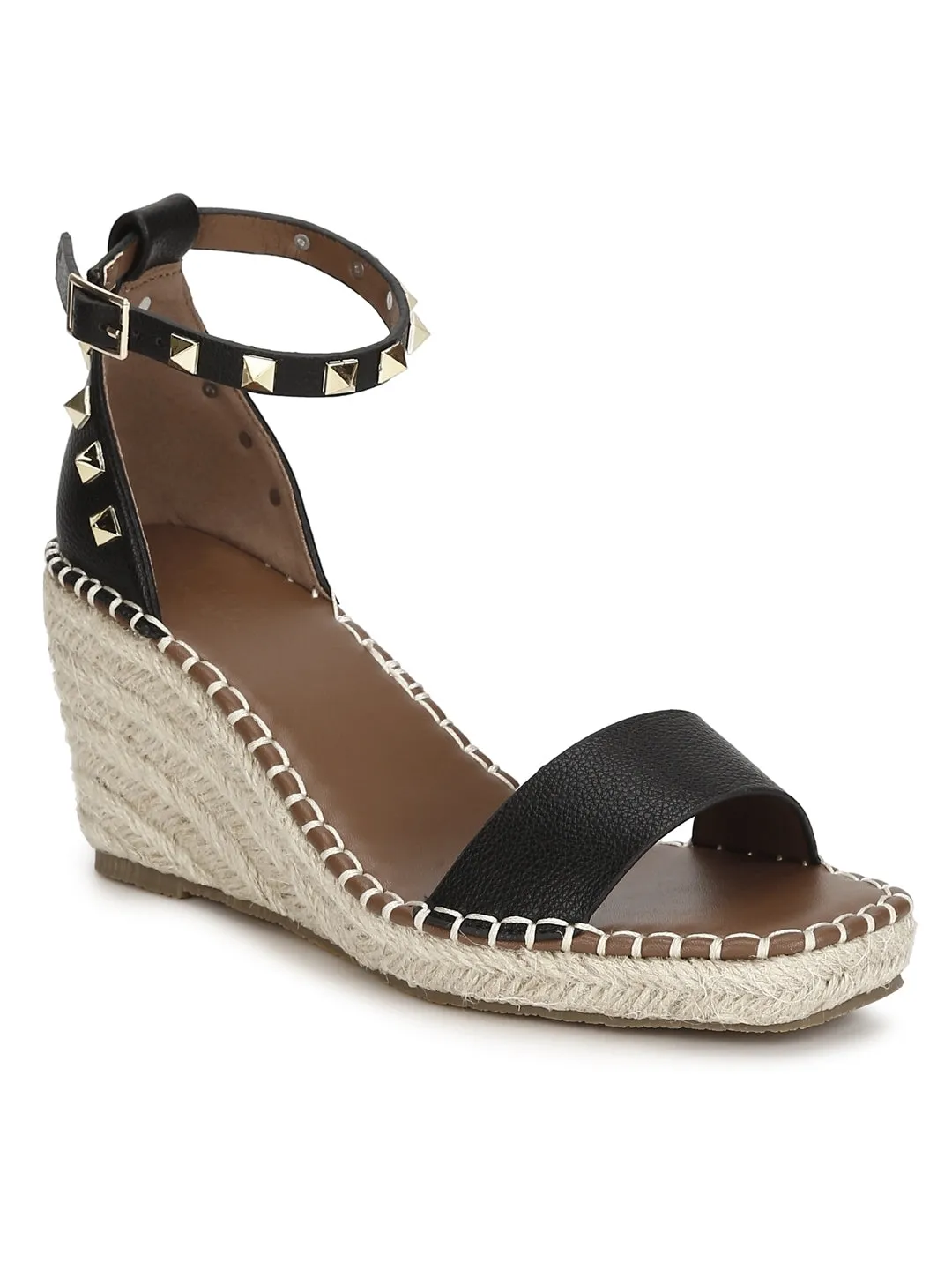 Black Pu Straped Jute Wedges