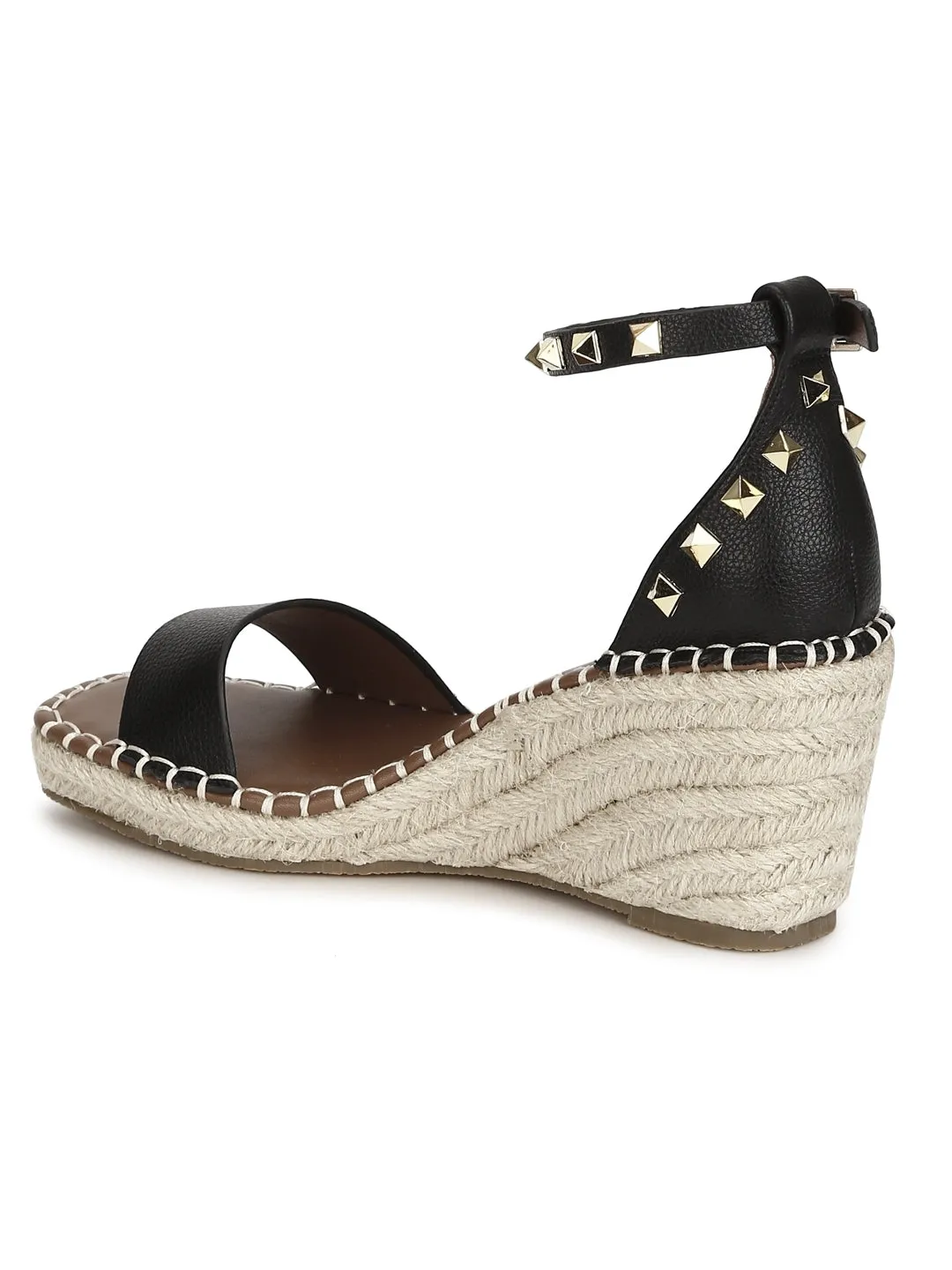 Black Pu Straped Jute Wedges