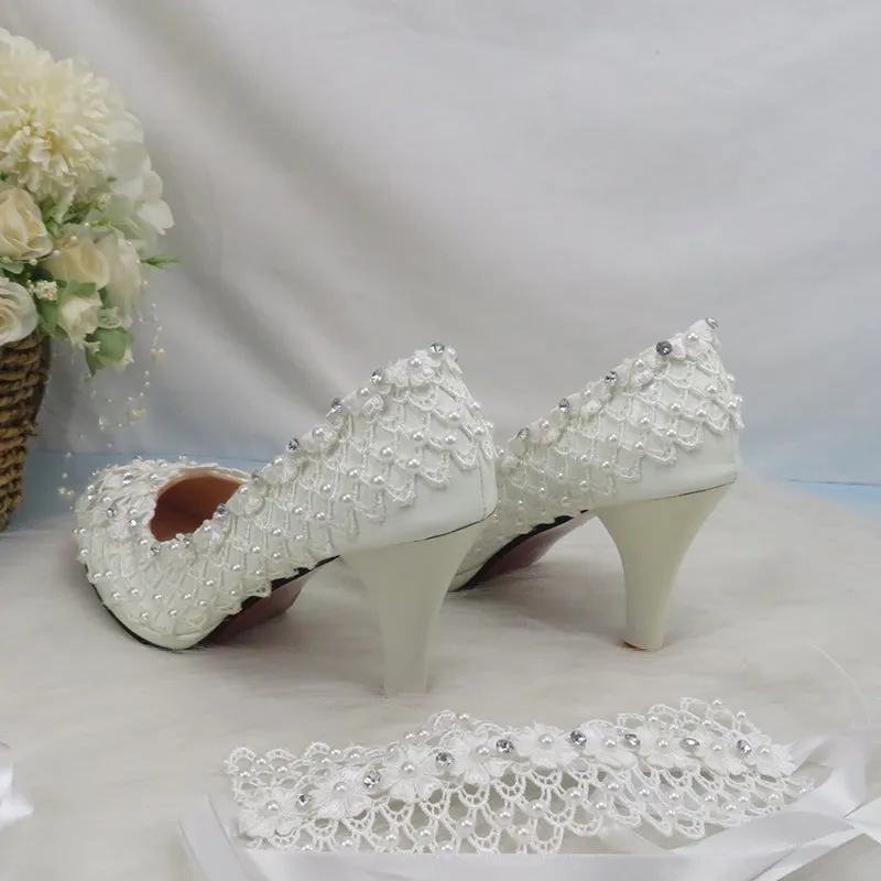 Bling Bridal lace crystal and pearl wedding shoes with ankle strap