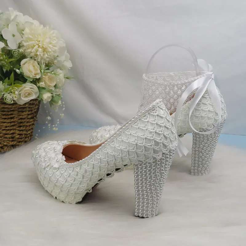 Bling Bridal lace crystal and pearl wedding shoes with ankle strap