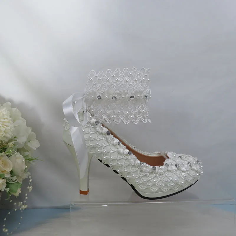 Bling Bridal lace crystal and pearl wedding shoes with ankle strap