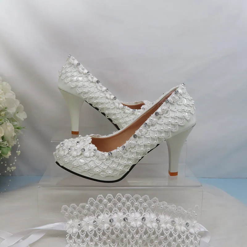 Bling Bridal lace crystal and pearl wedding shoes with ankle strap