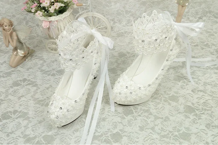 Bling Bridal lace crystal and pearl wedding shoes with ankle strap