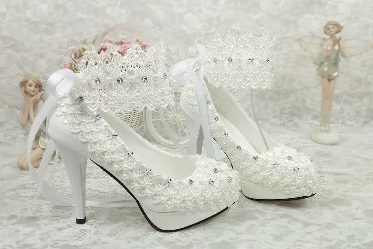 Bling Bridal lace crystal and pearl wedding shoes with ankle strap