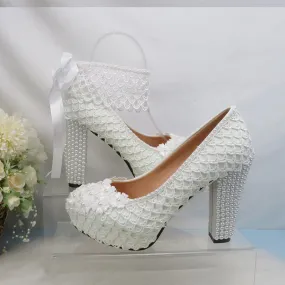 Bling Bridal lace crystal and pearl wedding shoes with ankle strap