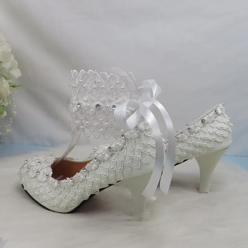 Bling Bridal lace crystal and pearl wedding shoes with ankle strap