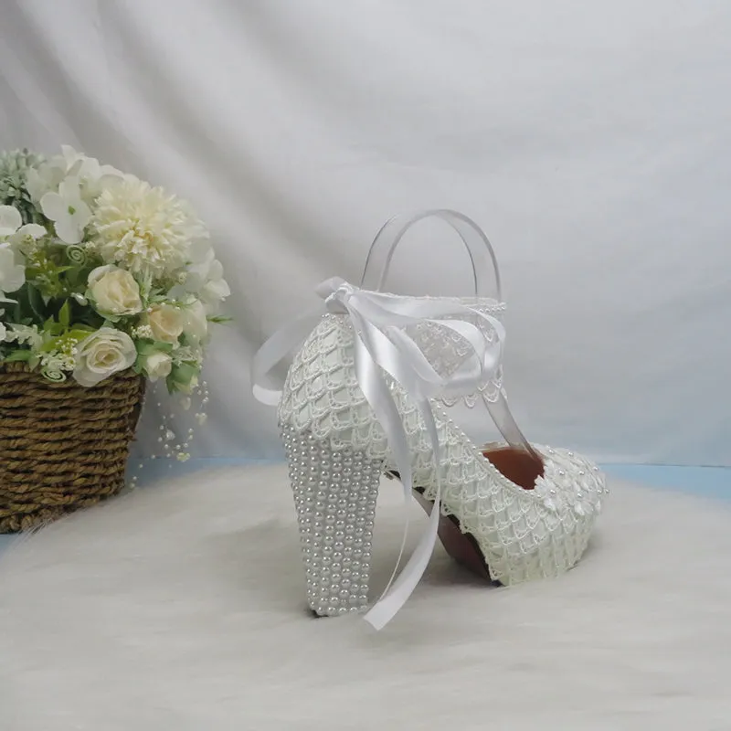 Bling Bridal lace crystal and pearl wedding shoes with ankle strap