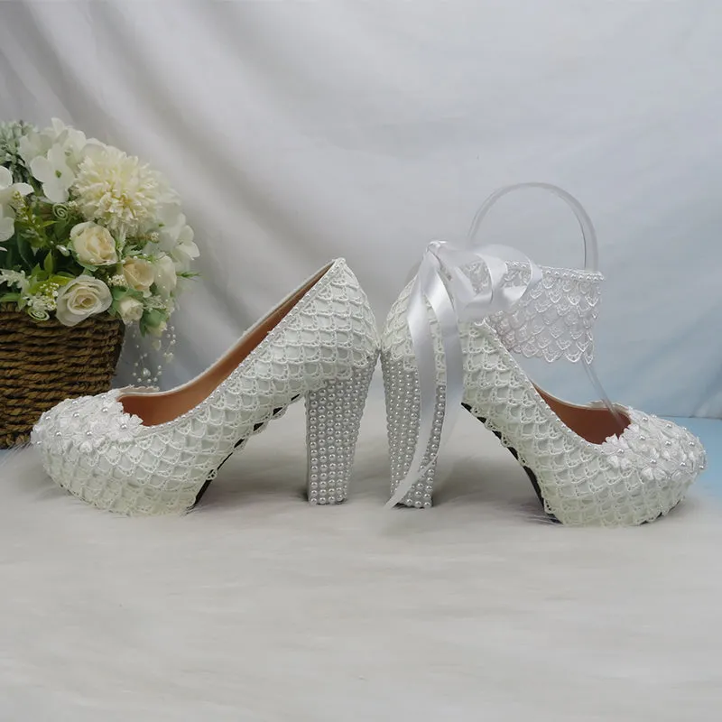 Bling Bridal lace crystal and pearl wedding shoes with ankle strap