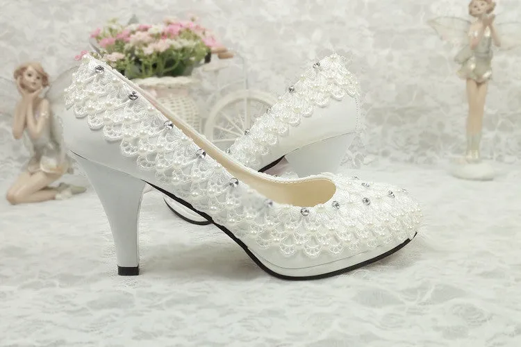 Bling Bridal lace crystal and pearl wedding shoes with ankle strap