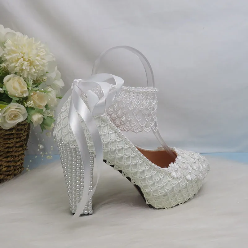 Bling Bridal lace crystal and pearl wedding shoes with ankle strap