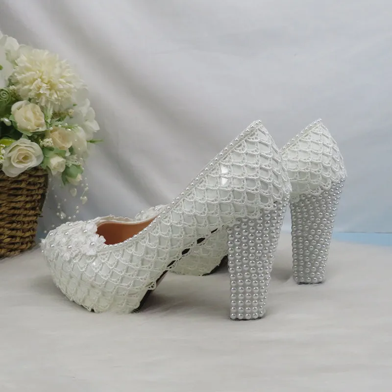 Bling Bridal lace crystal and pearl wedding shoes with ankle strap