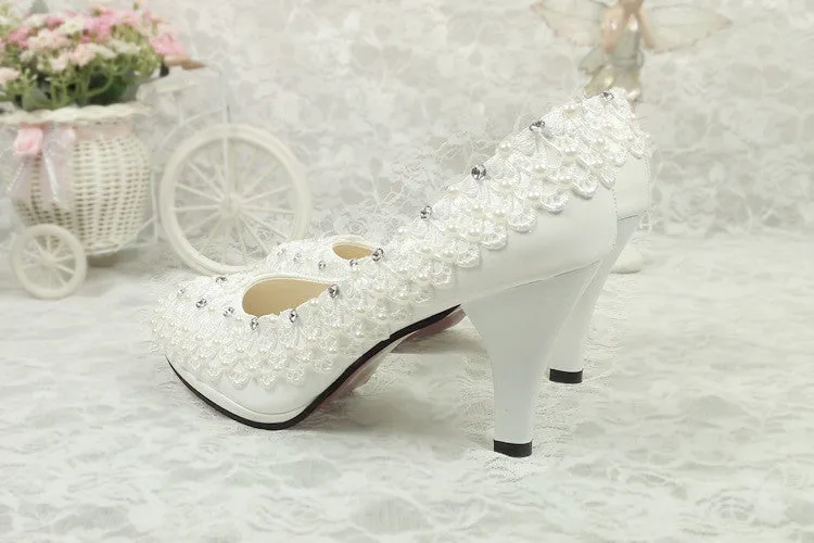 Bling Bridal lace crystal and pearl wedding shoes with ankle strap