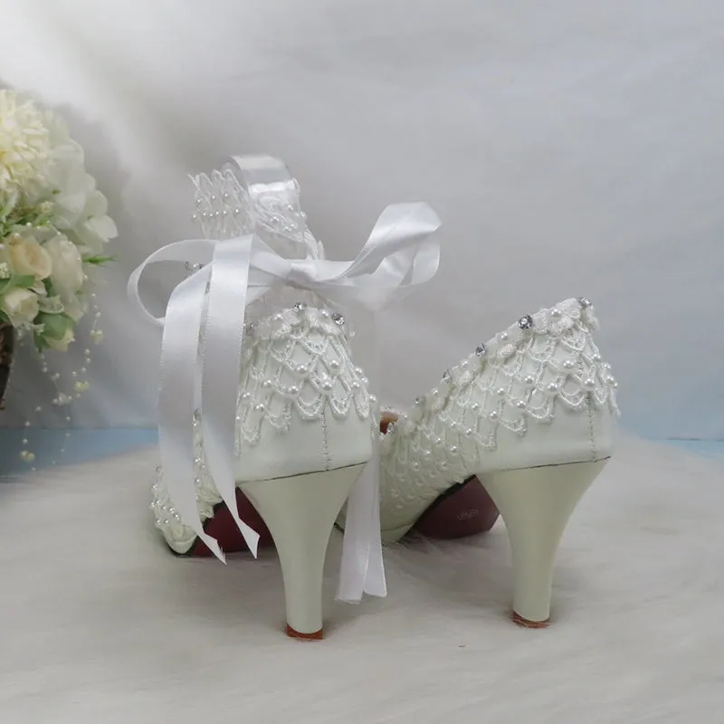 Bling Bridal lace crystal and pearl wedding shoes with ankle strap