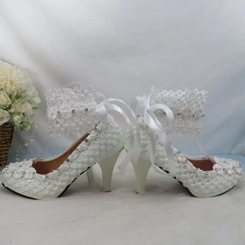 Bling Bridal lace crystal and pearl wedding shoes with ankle strap