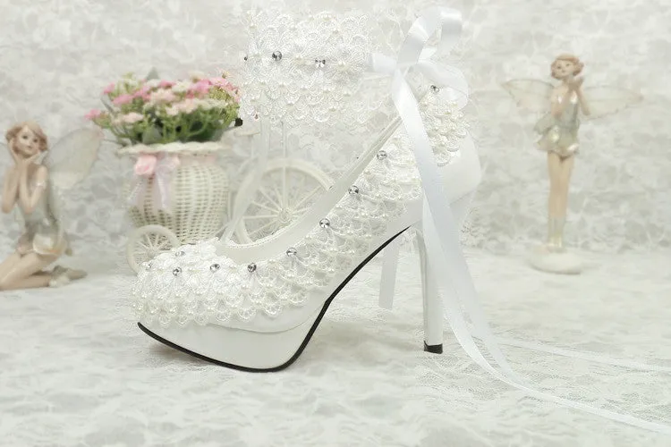 Bling Bridal lace crystal and pearl wedding shoes with ankle strap