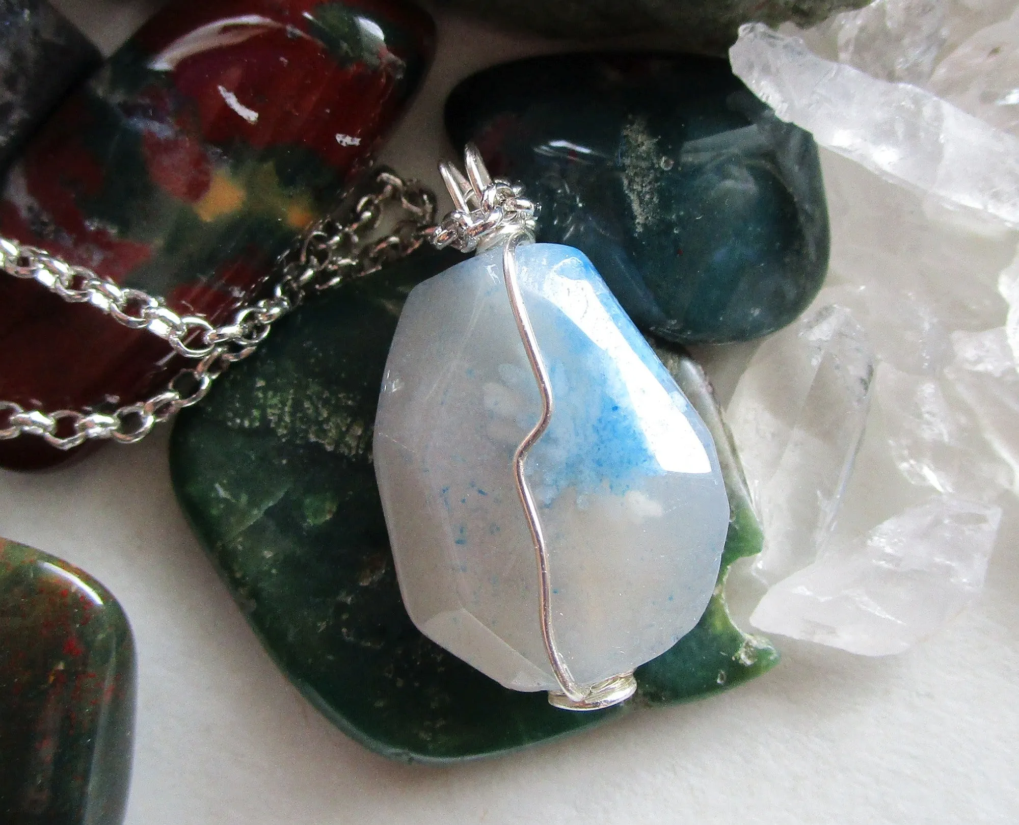 Blue Cloud Agate Gemstone Crystal Wire Wrapped Pendant Necklace