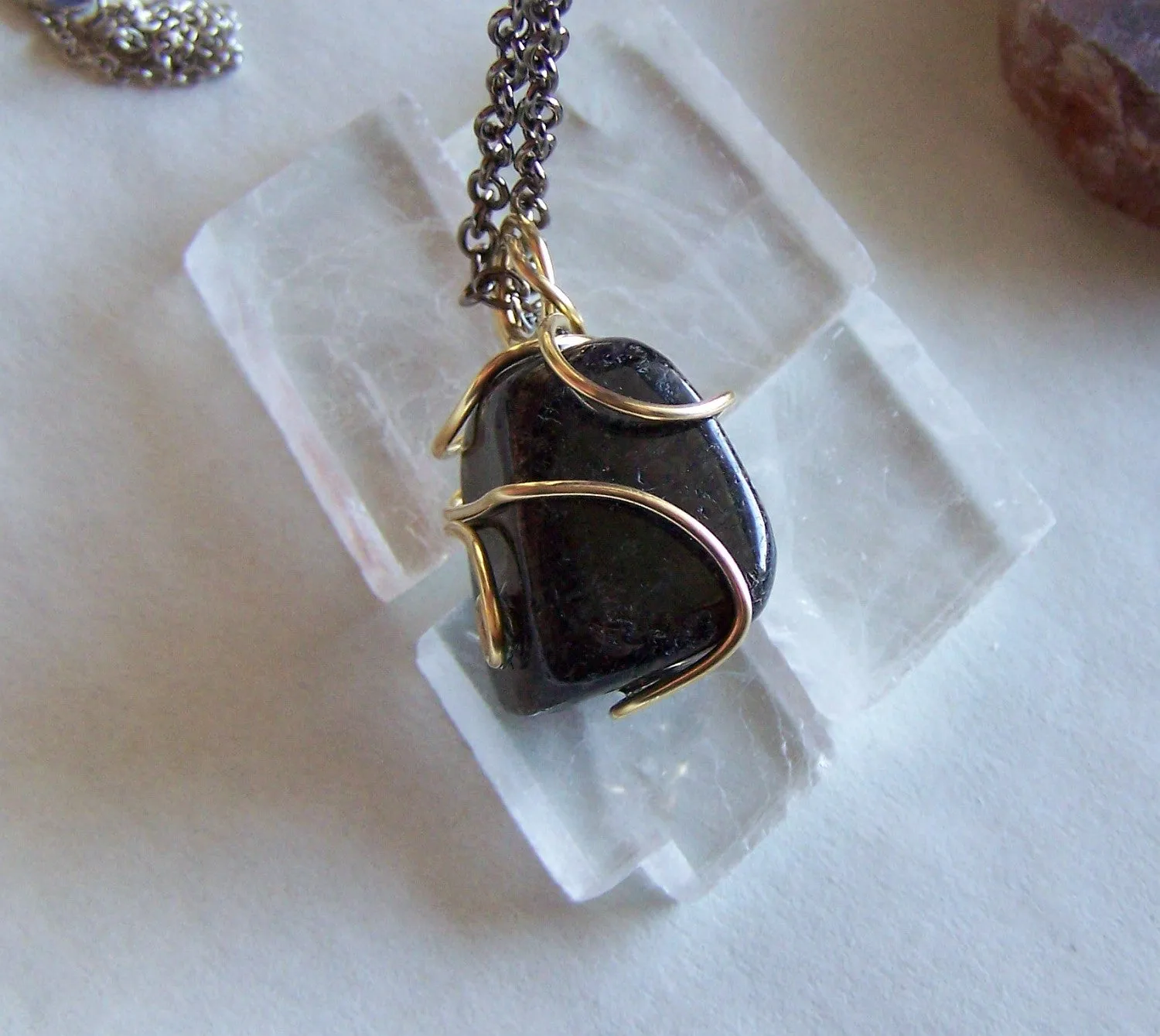 Bronzite Gabbro Wire Wrapped Natural Stone Pendant Necklace