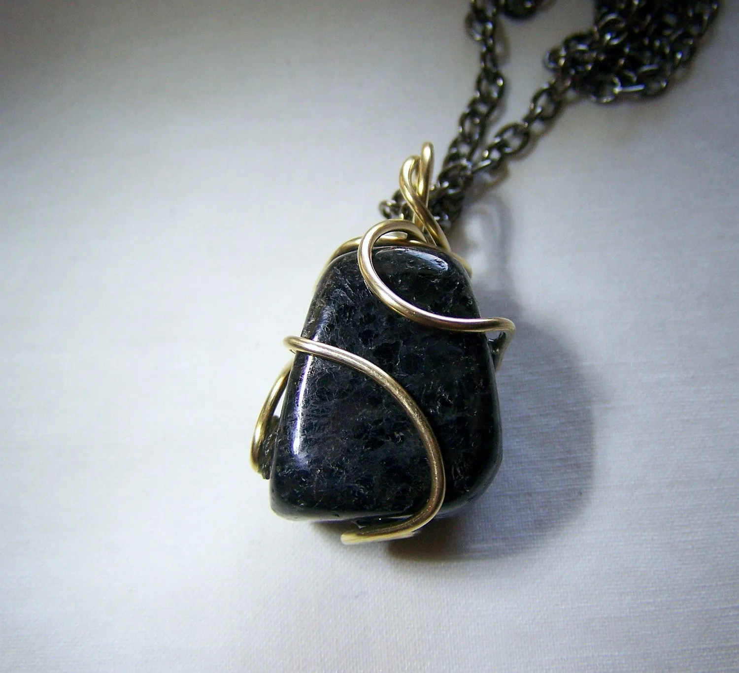 Bronzite Gabbro Wire Wrapped Natural Stone Pendant Necklace