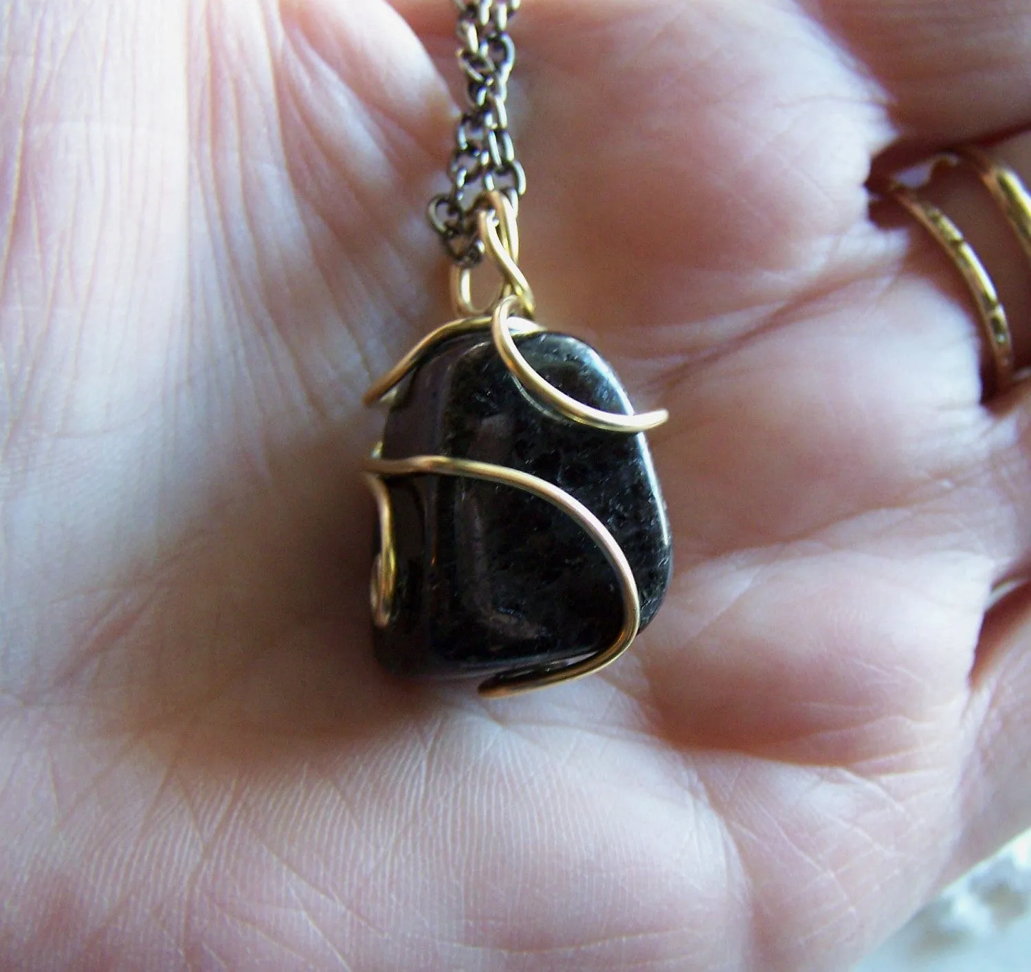 Bronzite Gabbro Wire Wrapped Natural Stone Pendant Necklace