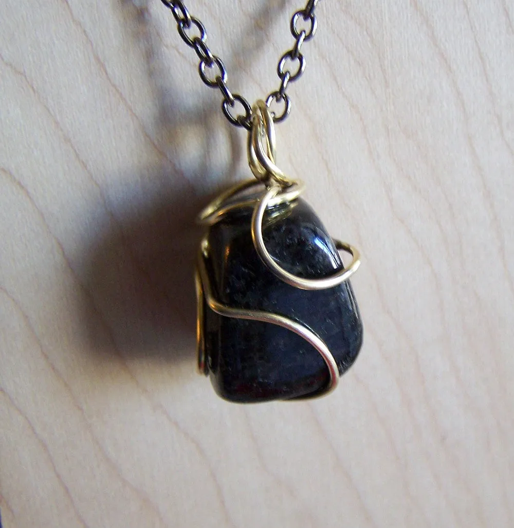 Bronzite Gabbro Wire Wrapped Natural Stone Pendant Necklace