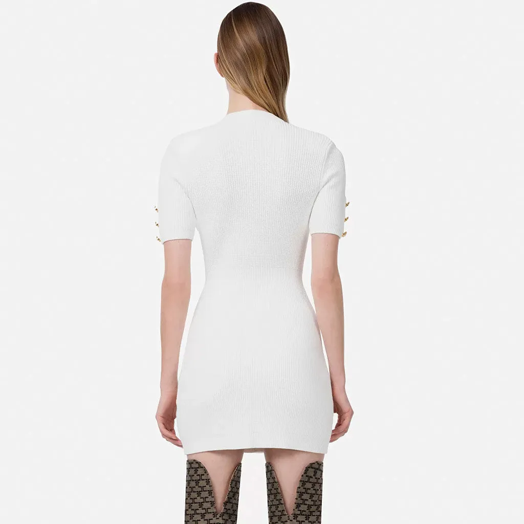 Chic Short Sleeve Double Breasted Buttoned Knit Mini Dress - White