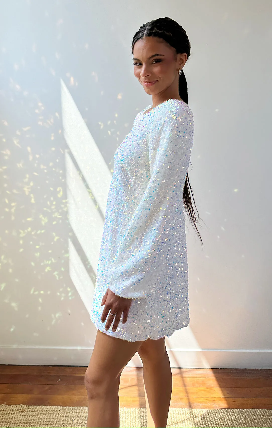 Clarabelle Dress ~ White Sparkle Sequin