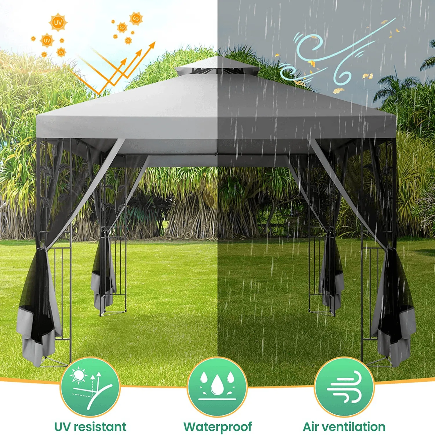 COBIZI 10x10 Outdoor Waterproof Canopy with Mosquito Netting Canopy